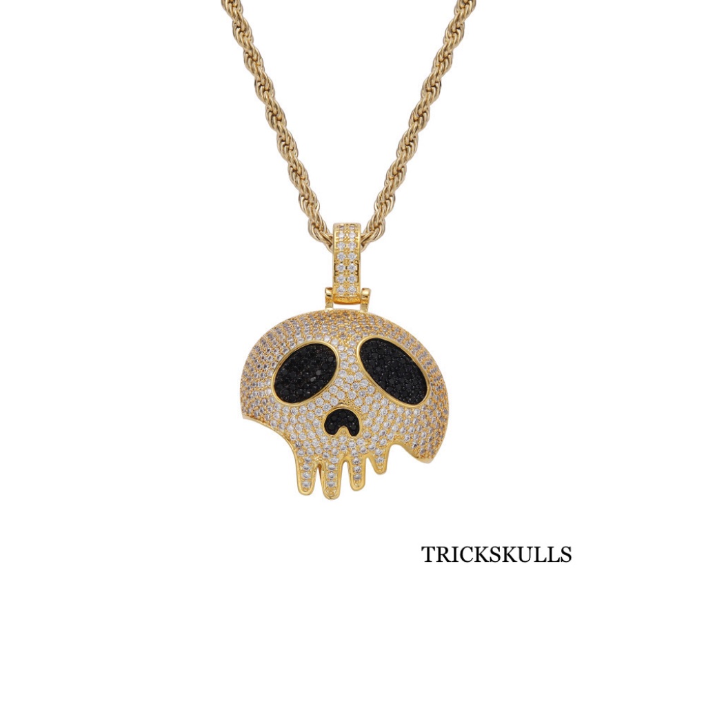 Gold Tone Micro Pave Cubic Zirconia Cute Ghost Skull Necklace W 24”In Rope Chain